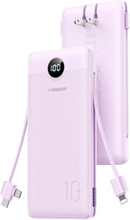 VEGER AC Wall Plug Portable Charger, 10000mah Slim Portable Charger Built in Cables, USB C Power Bank 15W Fast Charging, Travel Essential Battery Pack Compatible with iPhone, Android and More(Purple)