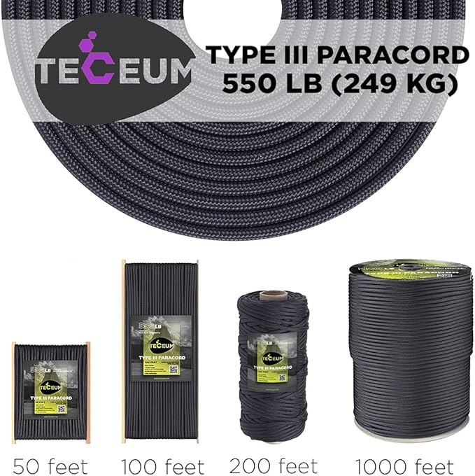 TECEUM 5/32" Paracord Rope 1000 – 1000ft / 200ft / 100ft / 50ft – Tactical Parachute Cord 4mm – 45+ Colors – Nylon String for Survival & Camping Gear – Stripe Cord for Survival – Utility Rope