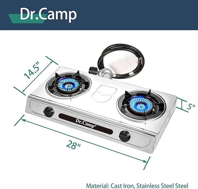 30000 BTU 2 burner outdoor garden camping camp hiking propane stove cooker grill with CSA listed regulator and gas hose, gray color
