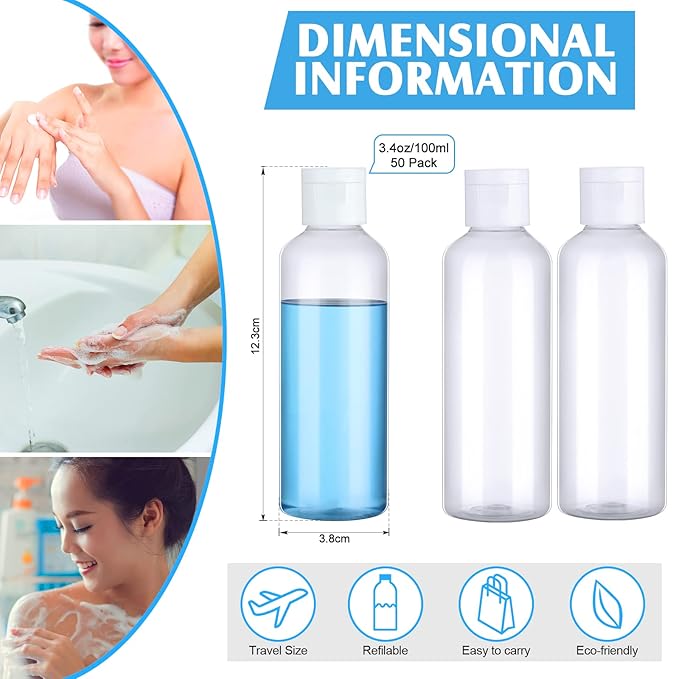 Eccliy 100 Pcs 3.4oz Small Travel Bottles Plastic Empty Squeeze Bottle Clear Refillable Shampoo Container with 5 Funnel for Liquids Cream Cosmetic Toiletries