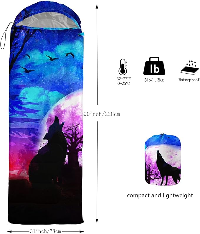 Galaxy Wolf Camping Sleeping Bags Warm & Cool Weather Waterproof Backpacking Blue Purple Starry Sky Sleeping Bag All Seasons Camping, for Adult Kids Boy Girls Camping Gear Equipment, Traveling