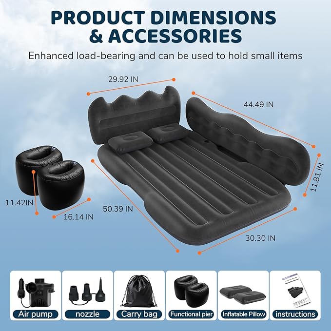 SUV Air Mattress Inflatable Travel Bed: Foldable - Portable Car Inflatable Bed Camping & Road Trips - Thickened Car Air Mattress for Back Seat with Carry Bag & Cup Holder & 2 Pillows