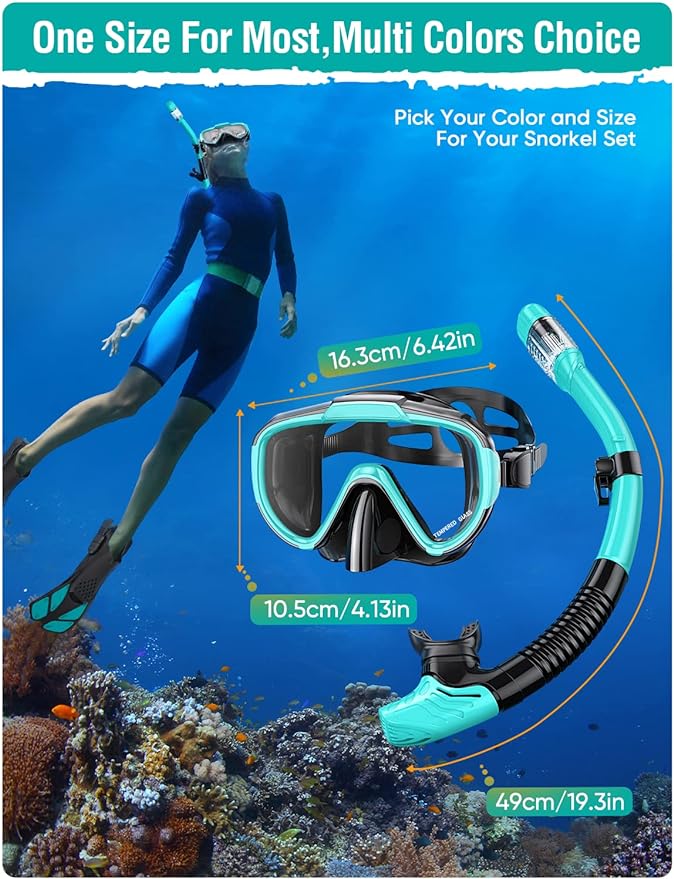 Snorkel Set Adults Snorkeling Gear Anti-Fog Panoramic View Swim Mask Dry Top Snorkel Kit with Carry Bag for Snorkeling Scuba Diving Swimming Travel