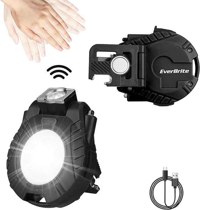 EverBrite Mini Hat Clip Light, Rechargeable Magnetic Keychain Work Light with Sensor Mode, 180° Rotatable Bracket, Bottle Opener, Clip Design - for Hiking, Camping, 6 Modes, Black