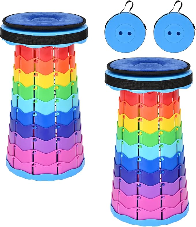 2 Pack Upgraded Collapsible Stool Folding Stool with Cushion,Retractable Folding Stool Max Load Capacity 400lbs, Portable Telescoping Stools for Camping Hiking Outdoor BBQ Fishing-Rainbow