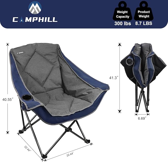 Folding Camping Chair,Oversized Portable Camping Chair with Cup Holder,Heavy Duty Padded Lawn Chair for Camping, Tailgates, Beach, and Sports