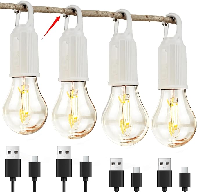 4 Pack Camping Lights Rechargeable, Hanging Tent Lights Bulb with Hook, Timer Function, 3 Lighting Modes Tent Lamp for Camping, Hiking, Backpacking, Emergency Outage (White)