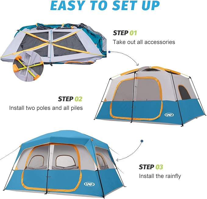 UNP 2/4/6/8 Person Tent, Portable Cabin Tent, Camping Tent 4-Person Easy Set Up, Waterproof with Top Rainfly for Outdoor Camping/Hiking