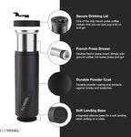 EcoVessel Travel French Press, Portable Coffee Maker, Stainless Steel Insulated Coffee Press, Reusable Single Serve Bottle for On-The-Go Use, 14oz (Black)