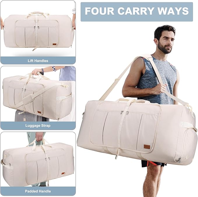 120L Travel Duffle Bag for Men and Women, Urtala 34” Large Duffle Bag for Traveling with Shoe Compartment, Foldable Duffel Bag Water & Tear Resistant (Beige)