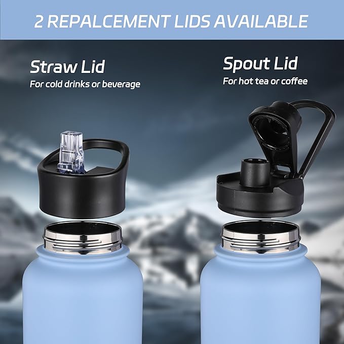 HASLE OUTFITTERS 32 oz Insulated Water Bottle Stainless Steel Double Walled Vacuum Sports Water Bottle with 2 Lids (Straw and Spout Lid) for Gym Camping Hiking（Blue,1)