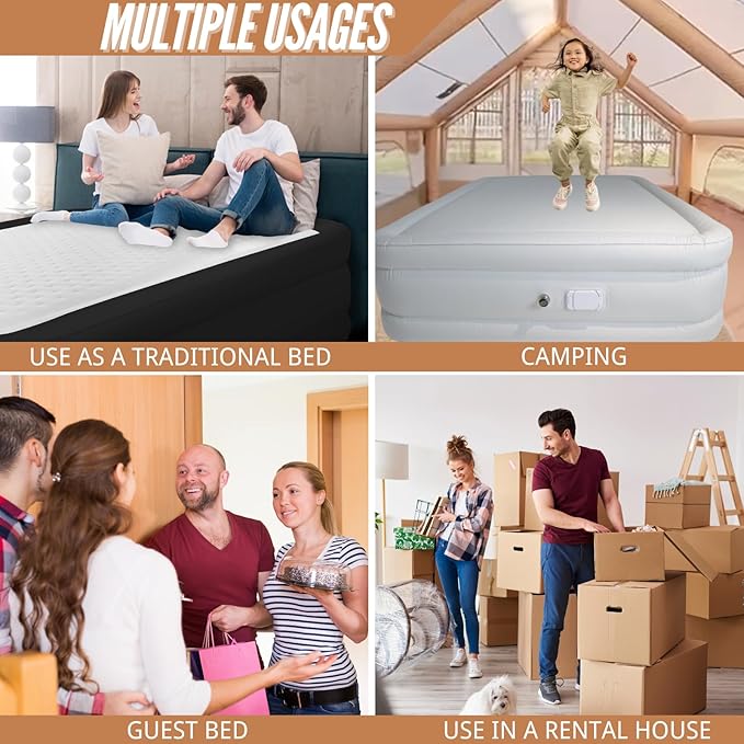 Air Mattress Queen with Built in Pump, Rechargeable USB-C Electric Pump, Self Inflatable Mattress Queen, Fiber-tech Portable Blow Up Mattress for Camping, Indoor and Outdoor(18" Height, Green)