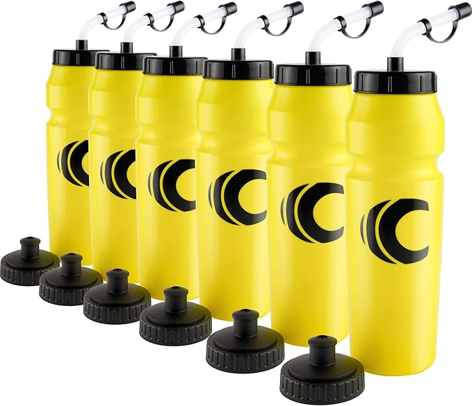 Cannon Sports 1 Liter Sports Water Bottle, BPA-Free, 34 Oz Capacity, Large Mouth, 2 lids (Straw and Squeeze), Great For Helmet Sports Such As Hockey, Lacrosse, Football, Boxing (6 Pack) (Yellow)