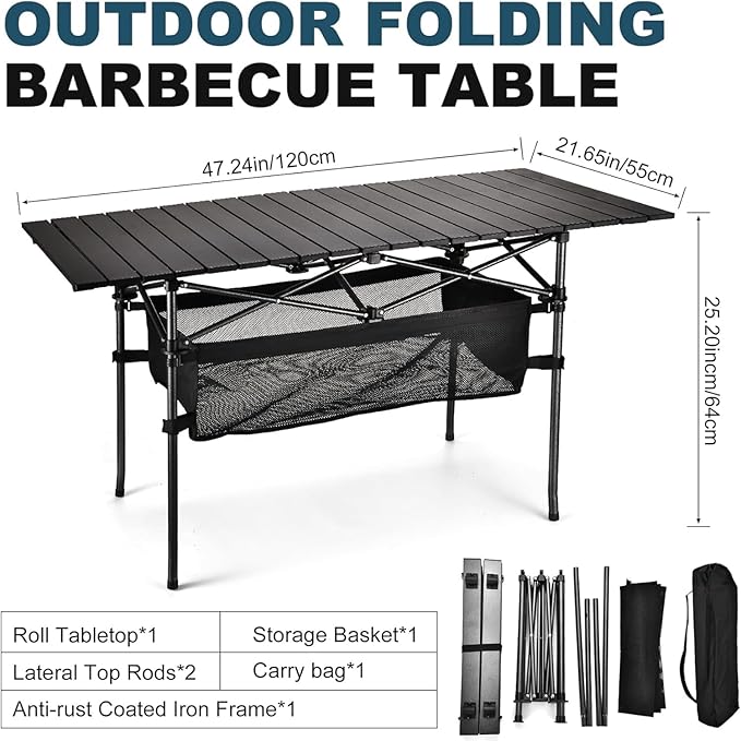 Lightweight Aluminum Folding Camping Table (47” x 21.65” x 26.7”), Portable Roll-Up Design for Outdoor, Camping, Beach, BBQ, Patio, and Picnic, Durable & Waterproof with Carrying Bag