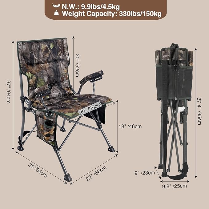 REDCAMP Oversized Hunting Chairs for Blinds with Thickened Cotton, Portable Folding Camo Padded Camping Chairs for Adults Hunting Seats with Hard Arms for Outside Outdoor, Camouflage