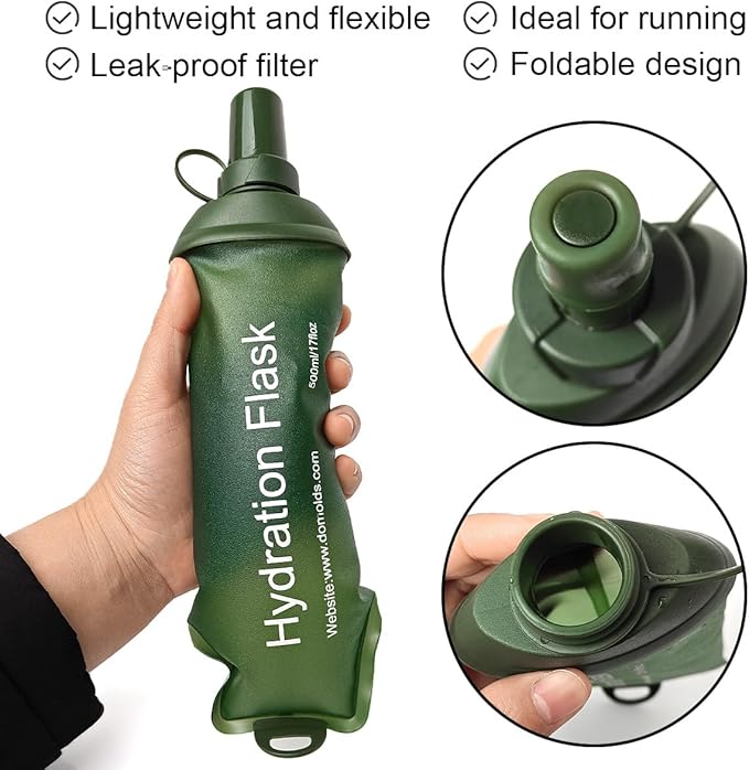 WILDREEDS 500ml Soft Flask, TPU Collapsible Soft Water Bottle for Hydration Pack, Running Vest, Folding Water Bottle for Hiking Cycling Climbing-1Pcs, Green