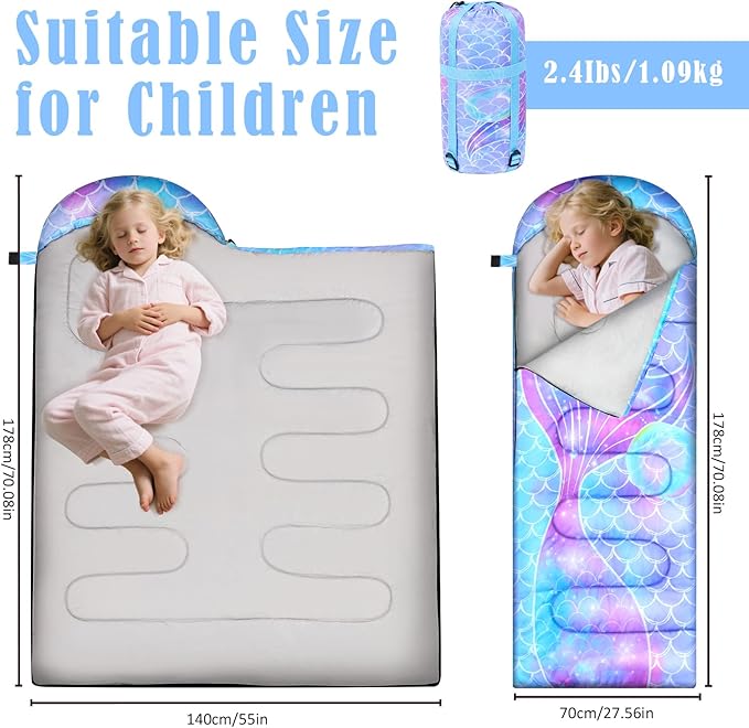 Camping Sleeping Bag for Kids Girls Boys,3 Season Warm Sleeping Bag Waterproof Portable for Outdoors Traveling,Camping