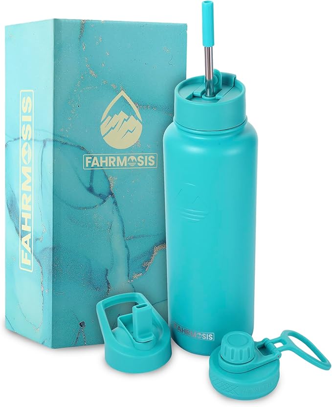 40 Oz Water Bottle with Straw Stainless Steel Sports Water Bottle with 3 Lids (Straw, Chug and Flip Lid) Insulated Leak Proof Metal Jug for Men & Women - Teal