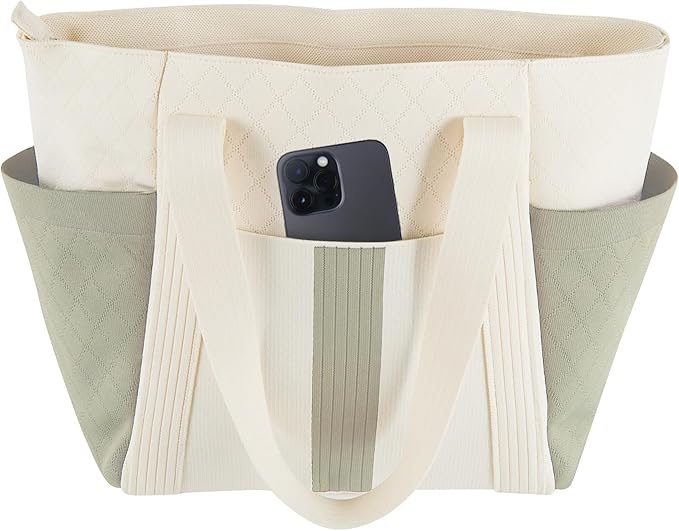 Large Canvas Tote Bag,White and Green, with Laptop Sleeve and Multiple Pockets