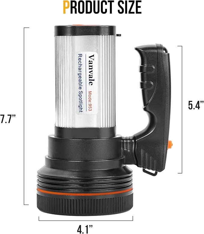 Rechargeable Searchlight Handheld LED Tactical Flashlight with Handle Spotlight High-Power Super Bright Torch with USB Output Torch (Silver)