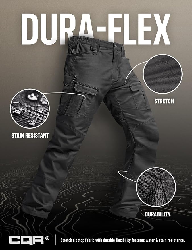 CQR Men's Flex Ripstop Tactical Pants, Water Resistant Stretch Cargo Pants, Lightweight EDC Hiking Work Pants