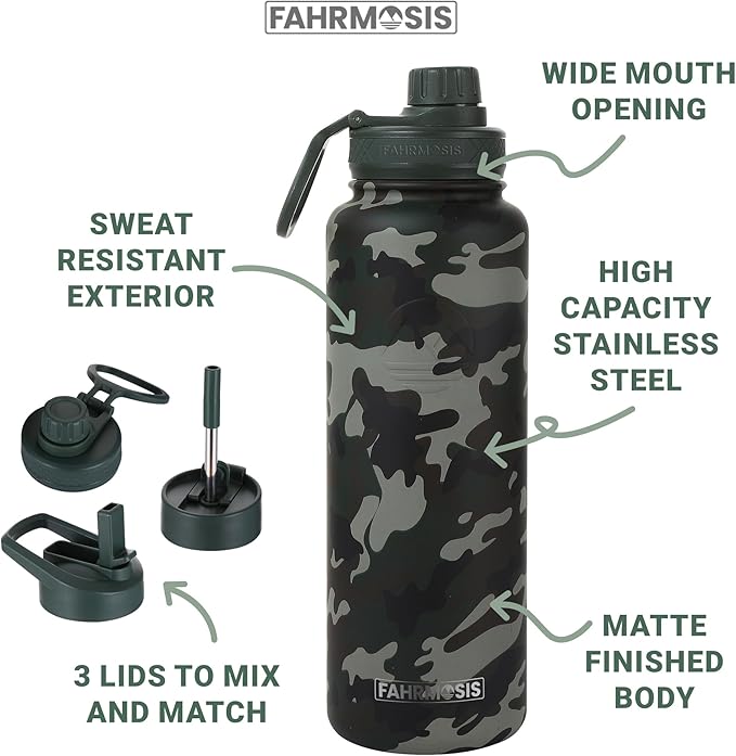 40 Oz Water Bottle with Straw Stainless Steel Sports Water Bottle with 3 Lids (Straw, Chug and Flip Lid) Insulated Leak Proof Metal Jug for Men & Women - Camo