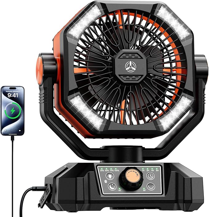 Camping Fan, 20000mAh Battery Powered Fan with LED Lantern, Rechargeable Battery Operated Oscillating with Remote Hook, 8 Speeds Outdoor Fans for Teny, Picnic, Fishing, Travel, Jobsite