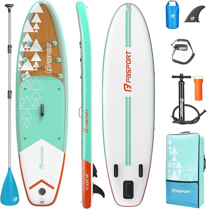 FBSPORT 11' Premium Stand Up Paddle Board, Yoga Board with Durable SUP Accessories & Carry Bag | Wide Stance, Surf Control, Non-Slip Deck, Leash, Paddle and Pump for Youth & Adult