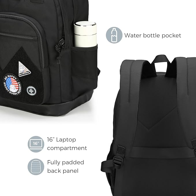 Swissdigital Design Big Student Laptop Backpack with Fun Personalized Patches For College Boy & Girl, Middle High School Teen Bookbag Cool Travel Daypack Black- Includes 3 Patches | SD1718-01