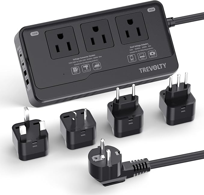 2000W Voltage Converter US to Europe for Hair Dryers, 7-in-1 220V to 110V Converter for European Travel with 3 AC/2 USBA/2 USBC Ports, Universal Power Converter Adapter Combo with EU/UK/IT/AU (Black)