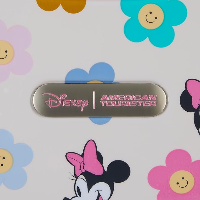 American Tourister Minnie Mouse Carry-On Luggage - Airline Approved, Durable Hardshell with Vibrant Minnie Mouse Design - Roll Confidentially with Spinner Wheels & Colorful Adjustable Handle