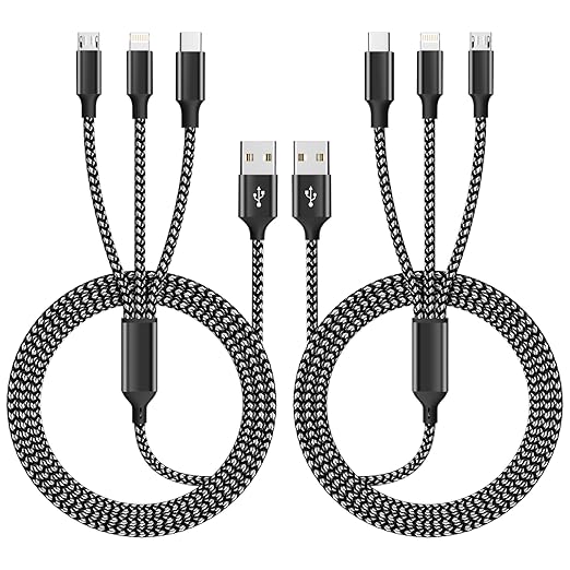 Multi Charging Cable(2pack 4ft), 3 in 1 Charger Cable Nylon Braided Phone Charger Cord, Universal Charging Cable with Type-C/Micro USB and IP Port, Compatible with Most Cell Phones and More