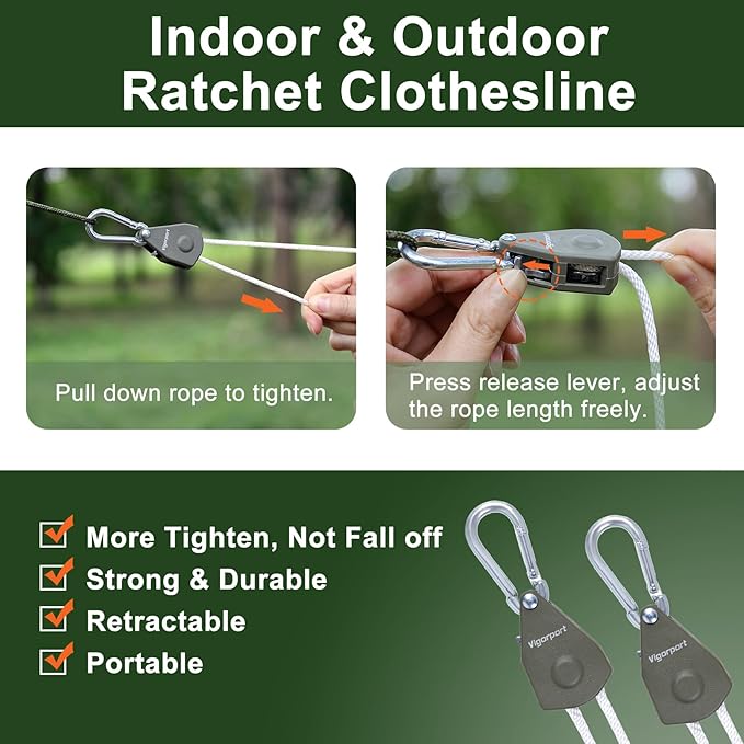 Vigorport Retractable Travel Clothesline, Portable Clothes Line Heavy Duty Rope Pully System with Carabiner for Outdoor Camping, Cruise Ships, Indoor Backyard, Balcony (White, 38Ft)