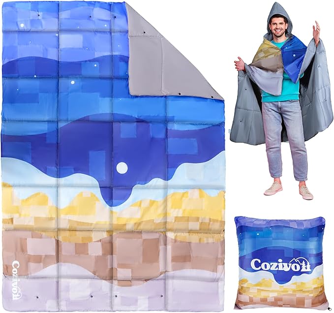 Camping Blanket, 2-in-1 Wearable Puffy Camping Blanket with Hood & Snap Buttons Waterproof Lightweight Travel Blanket Converts to Pillow for Backpacking, Beach, Picnics, Stadium (Mountains)