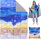 Camping Blanket, 2-in-1 Wearable Puffy Camping Blanket with Hood & Snap Buttons Waterproof Lightweight Travel Blanket Converts to Pillow for Backpacking, Beach, Picnics, Stadium (Mountains)