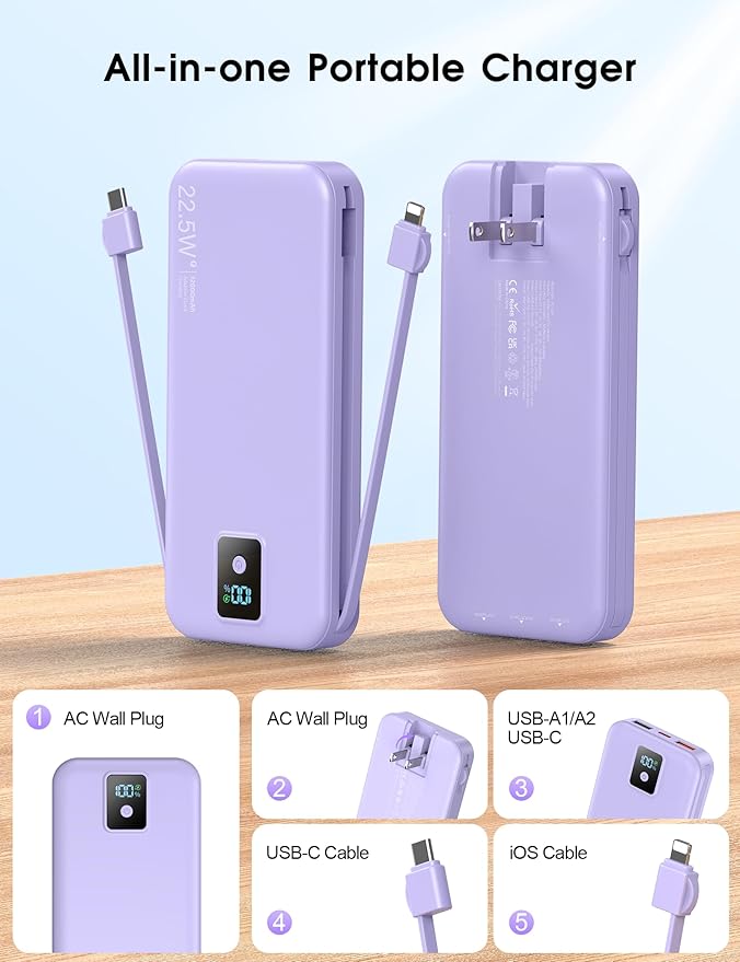 Portable Charger, 12000mAh 22.5W Fast Charging Power Bank with Built-in Cables & Wall Plug, Travel Essential Battery Pack with LED Display, USB C Battery Phone Charger for iPhone, iPad, Samsung Purple