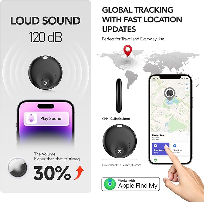 2025 Upgraded MFi Certified Air Tracker Tag for Apple Find My (iOS Only), Bluetooth5.3 Findmy Tracker for Luggage/Keys Finder/Bags,Wallet/Suitcase,Replaceable Battery,120dB Sound(Black)