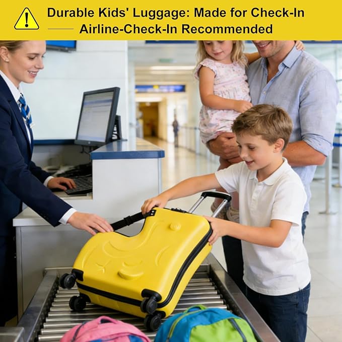 22 Inch Kid Ride Suitcase, Kid Travel Trolley With Safety Belt, Kids Luggage Seat Ride With Lock, Luggage For Kids Airplane Travel,Suitcase To Aged 1-6 Years Old, ABS+PC (Yellow)