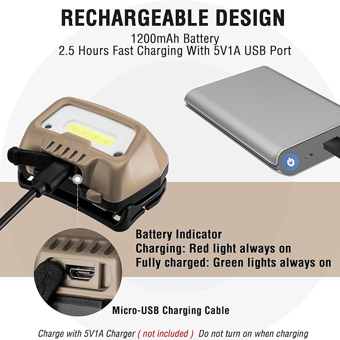 EverBrite Rechargeable Headlamp, LED Bright Motion Sensor Head Lamp Flashlight with 6 Modes, Adjustable Headlight for Adults with White Red Light, Water Resistant, Khaki, for Hiking, Running, Camping