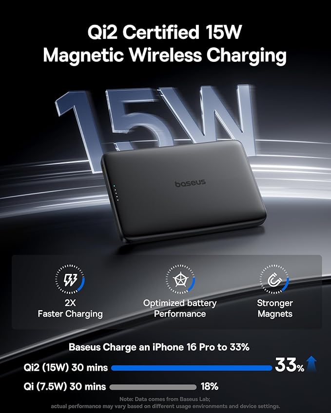 Baseus 0.5" Ultra Slim Qi2 Certified 15W Wireless Power Bank&Baseus Qi2 Certified 15W Wireless Magnetic Power Bank 10000mAh with USB-C Cable