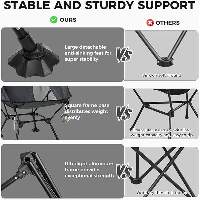 ATEPA UFO3.0 Backpacking Camping Chair, Ultralight Extra Wide Comfortable Folding Chairs 330lbs Heavy Duty Portable Hexagon Ergonomic Height Adjustable Seat with Anti-Sinking Feet for Hiking, Black
