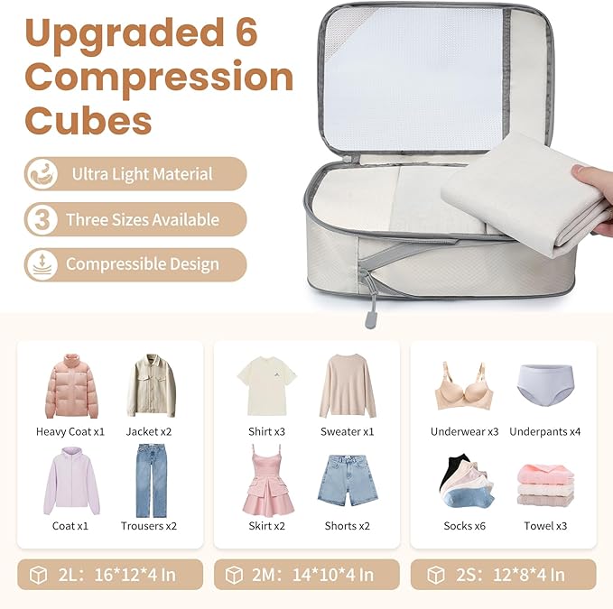 8 Set/6 Set/4 Set Compression Packing Cubes for Travel, Lightweight Vacation Travel Essentials, Travel Accessories for Suitcase Organizer Bags Set, Durable Luggage Organizer