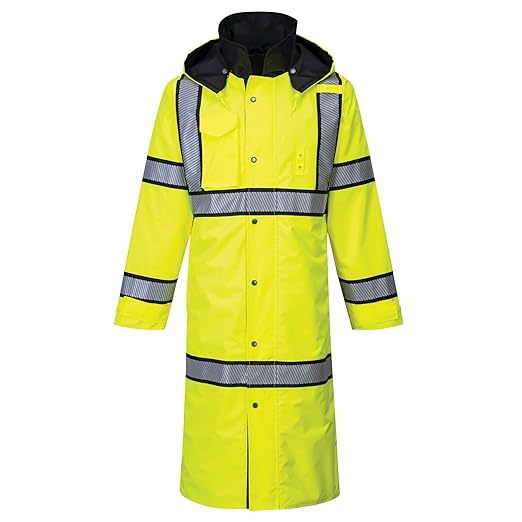 UH447 Waterproof Reversible Raincoat Hi Vis Reflective Long Safety Rain Jacket Yellow/Black, Large