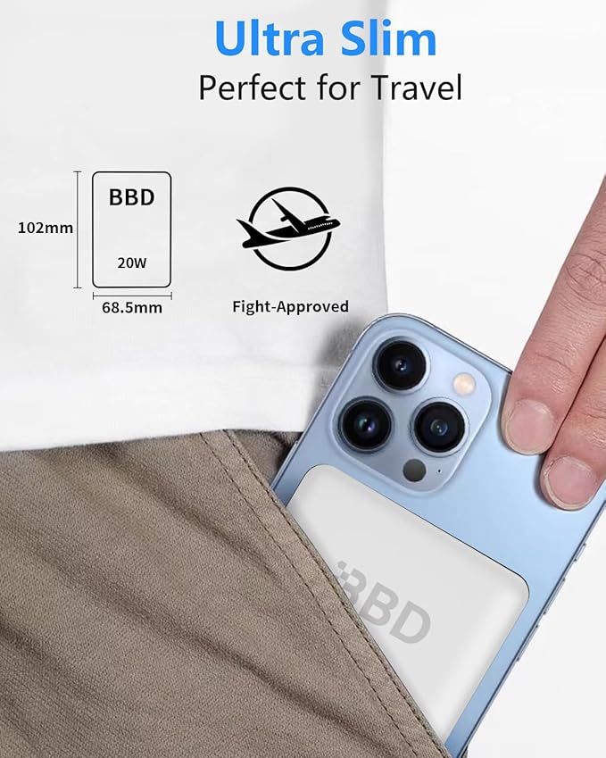 BBD Magnetic Power Bank for iPhone,12000mAh Magsafe Battery Pack with 20w Fast Charging,Slim Magsafe Power Bank USB C in&Out,Wireless Portable Charger for iPhone 17/16/15/14/13/12 Series-Silver