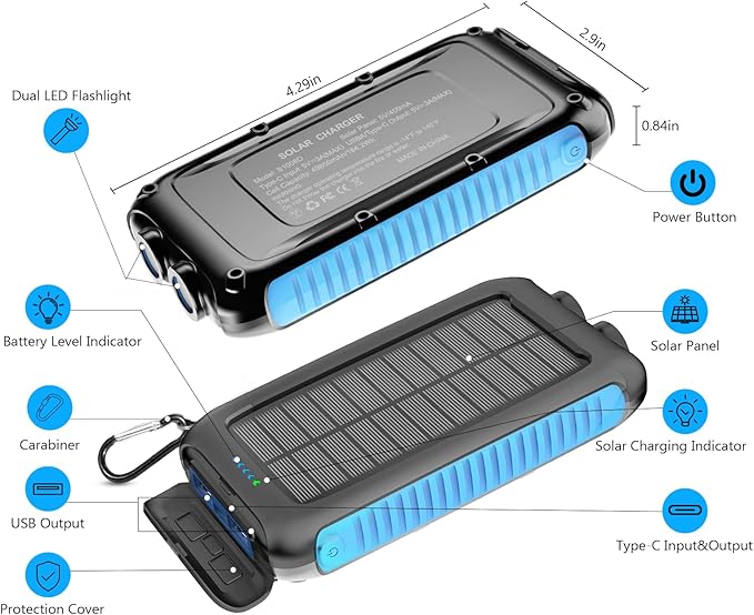 Solar-Charger-Power-Bank-49800mAh Portable Solar Phone Charger with LED Flashlight/15W Fast Charge USB C Waterproof External Backup Battery Pack for All Cell Phones & Electronic Devices