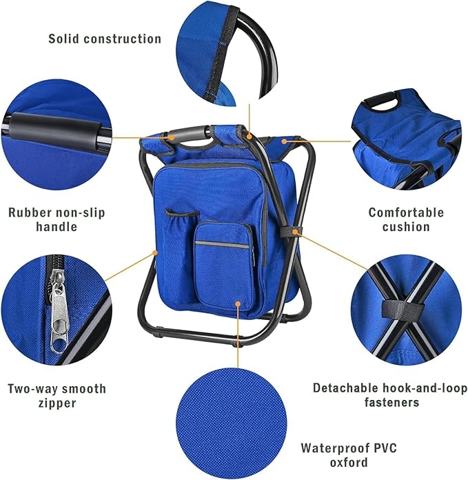 Kikerike Backpack Stool Cooler Chair Heavy Duty 400 LBS Max Load Portable Lightweight Stool Backpack Folding Fishing Cooler Seat for Camping Hunting Fishing - Dark Blue