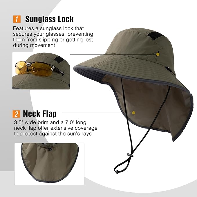 TOP-EX M/L/XL/XXL Unisex Mens Sun Hat with Neck Flap Sunglass Lock UPF 50 Wide Brim Fishing Hats Waterproof & Packable