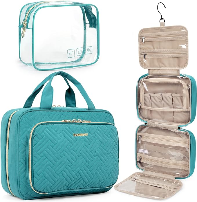 BAGSMART Toiletry Bag Hanging Travel Makeup Organizer with TSA Approved Transparent Cosmetic Bag Makeup Bag for Full Sized Toiletries, Medium-Blue