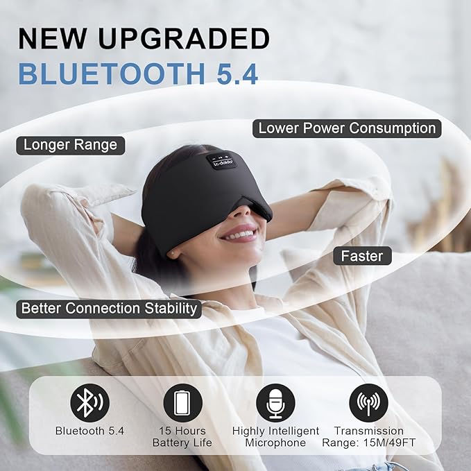 LC-dolida Sleep Mask with Bluetooth Headphones, Ice Silk Sleep Headphones with Bluetooth 5.4, Total Blackout Eye Mask for Sleeping, Soft Sleep Mask for Women Men, All Night Sleep, Travel(Black)