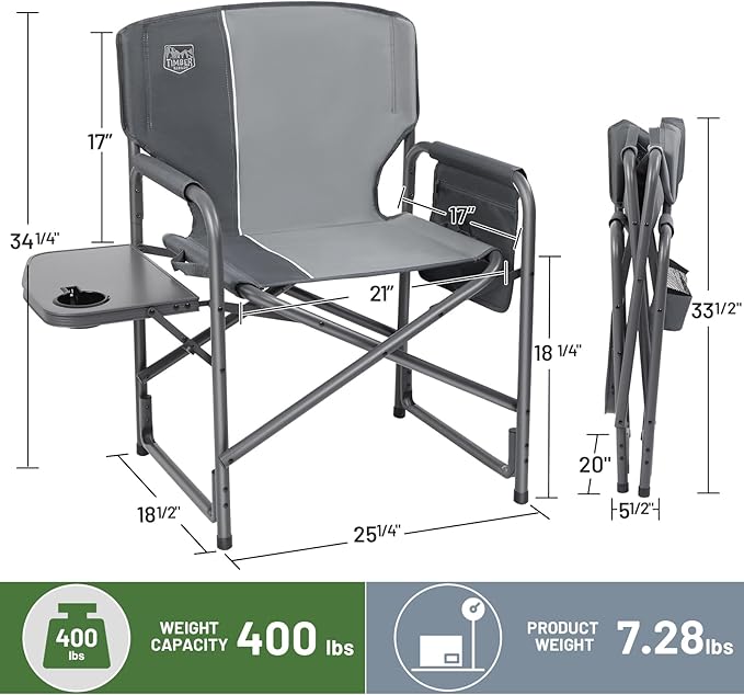 TIMBER RIDGE Aluminum Oversized Camping Chair, Lightweight Portable Directors Chair with Side Table Detachable Side Pocket for Outdoor Camping, Lawn, Picnic, Support 400lbs Gray